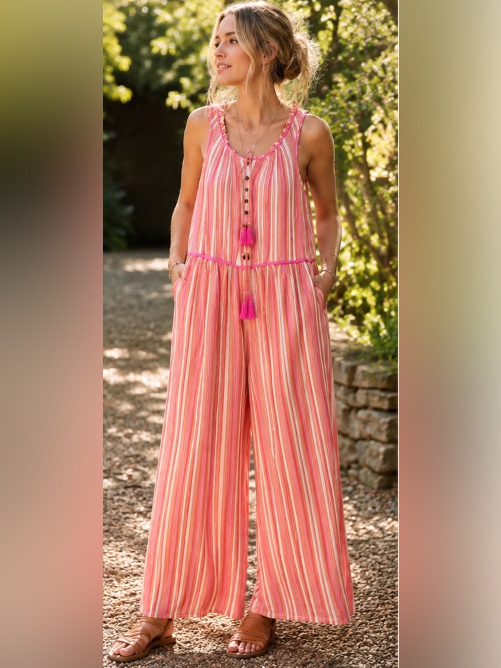 Anthropologie Pink & Peach Striped Tassel Wide-Leg Jumpsuit
